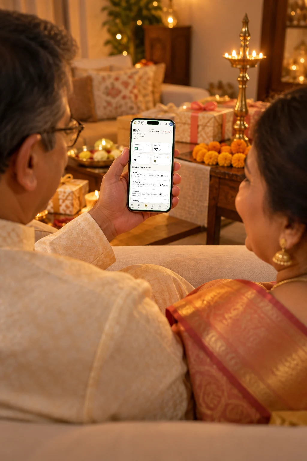 The bride's parents on the sofa, checking the replies in Aangan