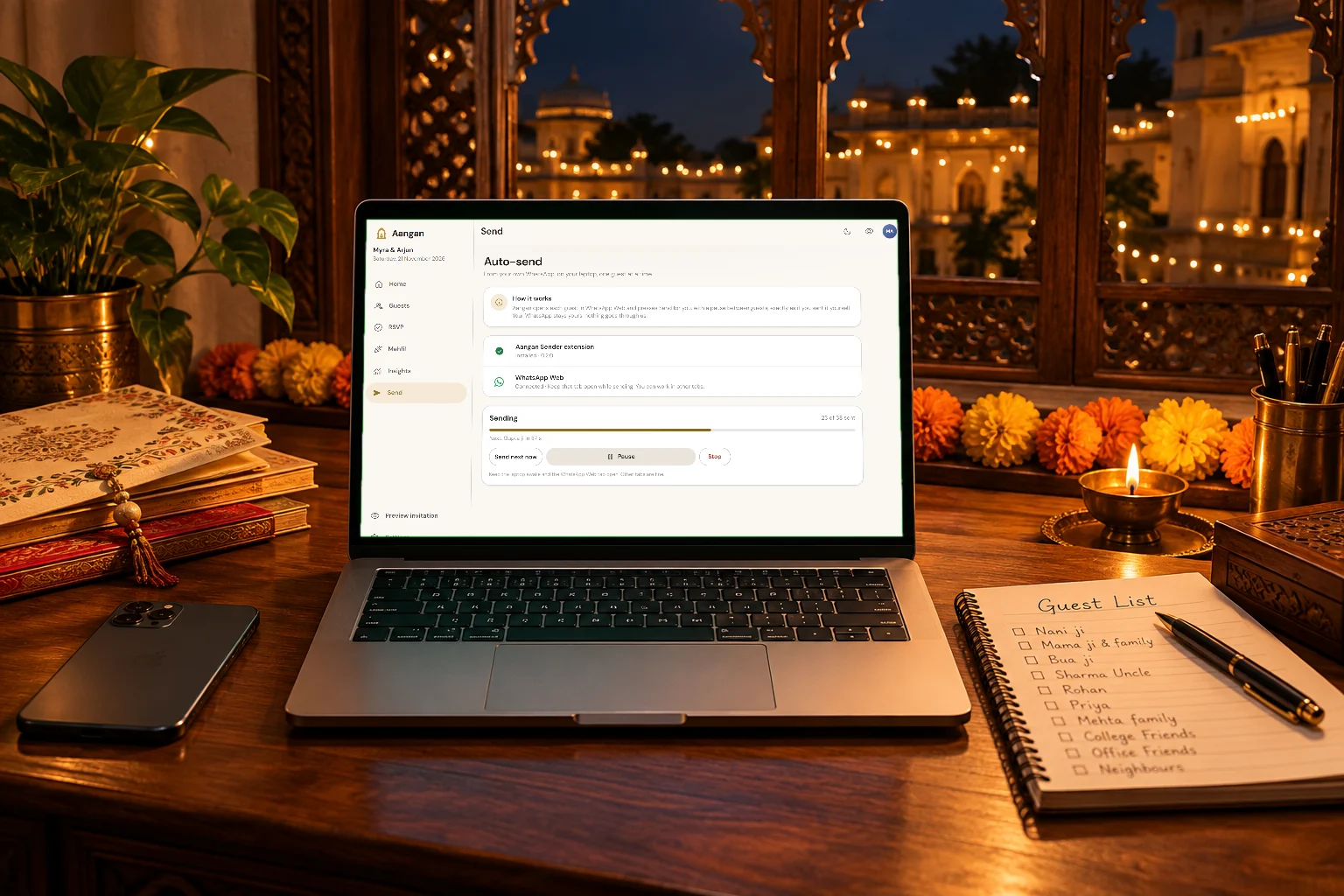 A laptop at night showing Aangan sending invitations: 23 of 38 sent, next Gupta ji