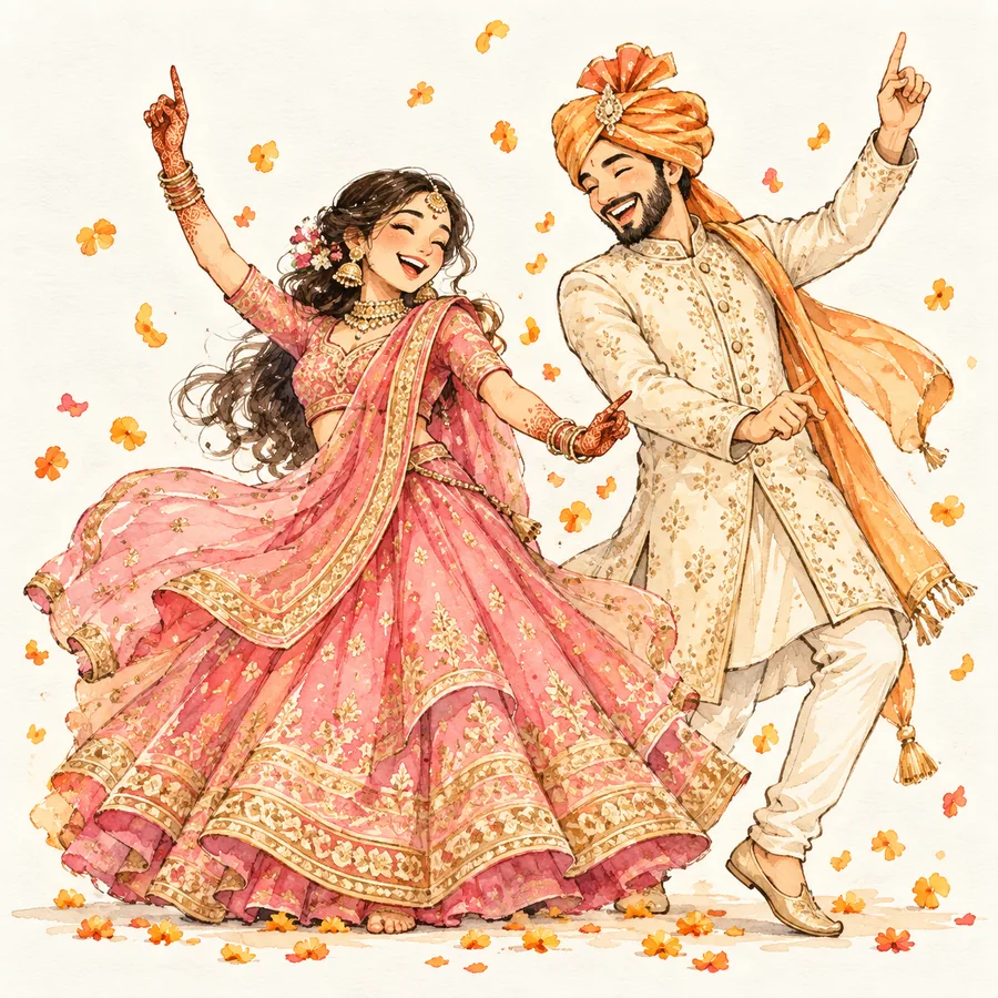 A cartoon of a bride and groom dancing at their sangeet