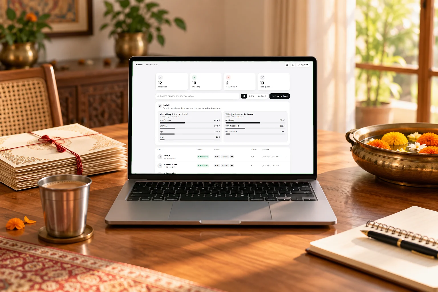 The private RSVP console on a laptop: 12 responses, 10 attending, and the Mehfil