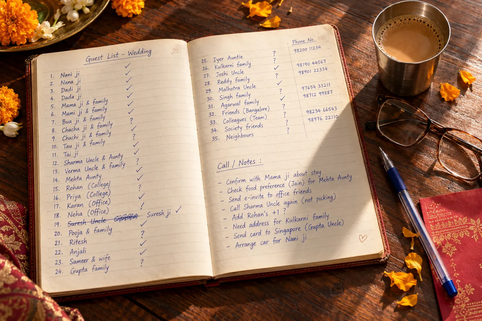 A family's handwritten wedding guest list in an old diary, beside a glass of chai
