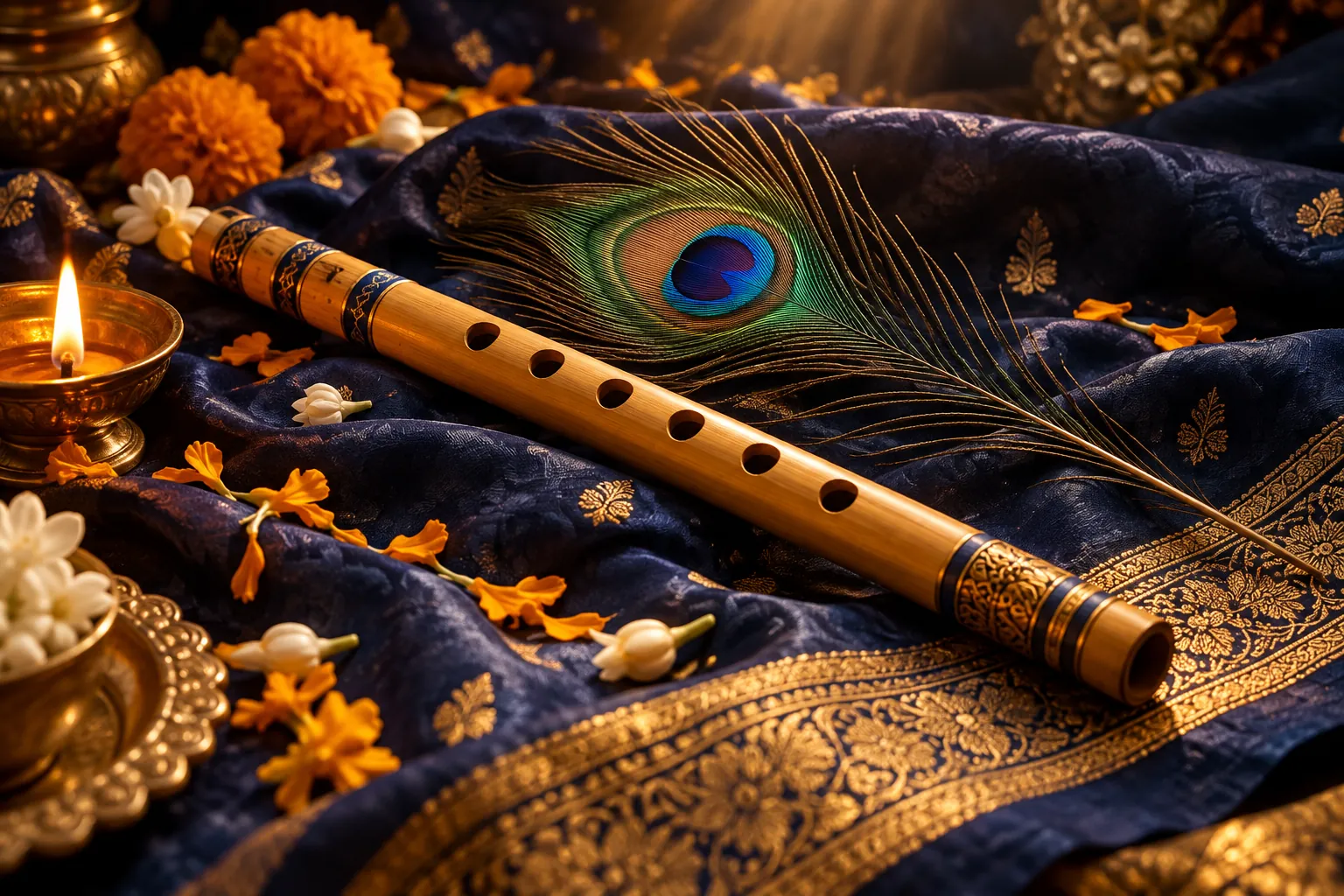A bamboo flute and a peacock feather resting on indigo silk, beside a diya