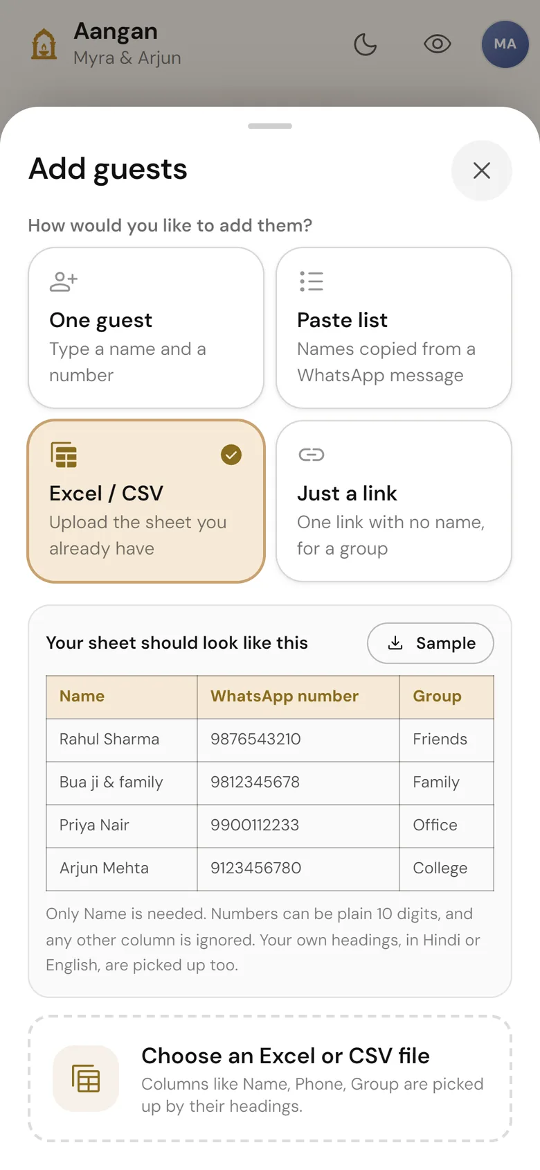 Adding guests from an Excel sheet: Name, WhatsApp number, Group
