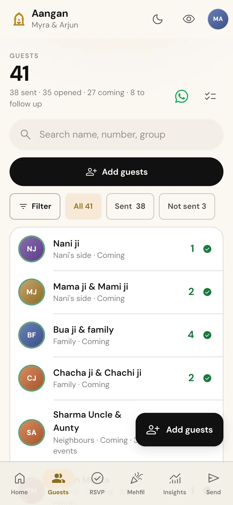 Aangan's guest list: Nani ji, Mama ji and Mami ji, Bua ji and family, each with a green tick